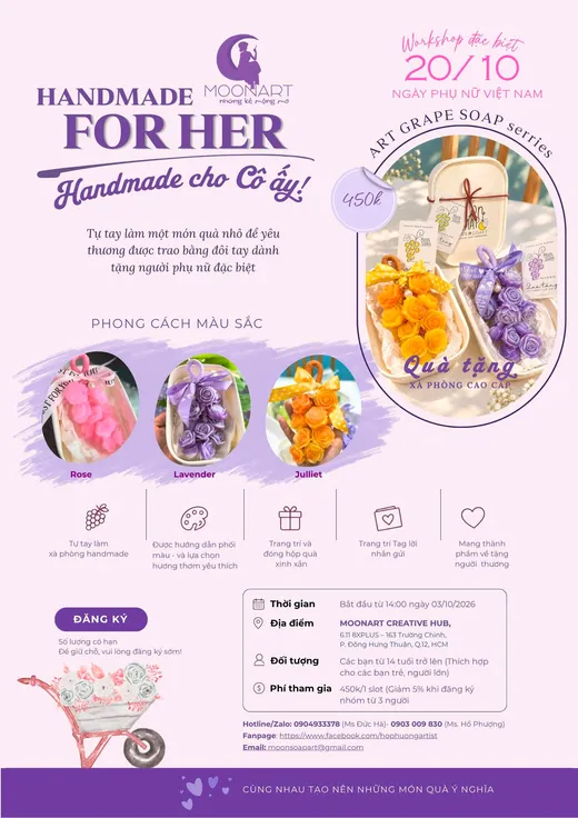 Poster workshop Handmade for Her — Handmade cho Cô ấy, Art Grape Soap series, 450k một slot, Moonart Creative Hub